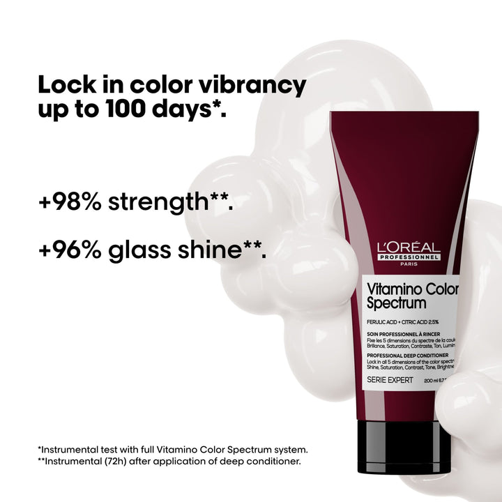 L'Oreal Serie Expert Vitamino Color Spectrum hair product with text highlighting color vibrancy and strength.