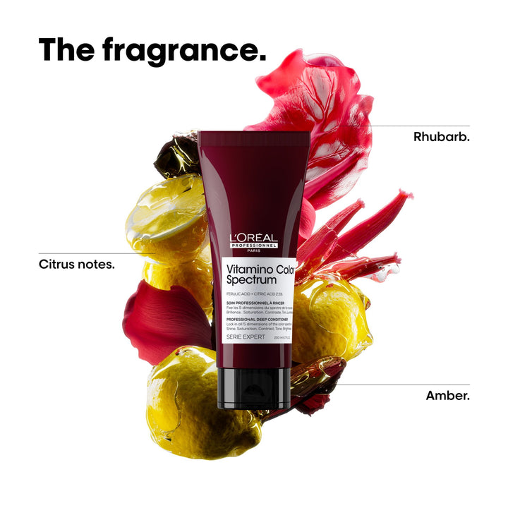 L'Oreal Vitamino Color Spectrum hair color product surrounded by colorful flowers on a white background.