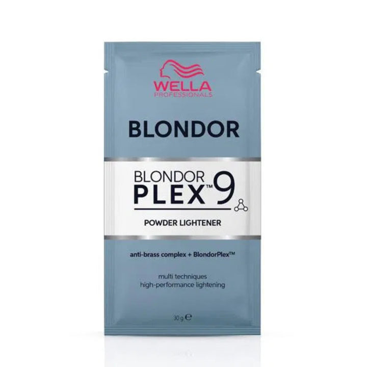 A single packet of Wella Professionals Blondor Plex 9 Powder Lightener, featuring a light blue and white packaging design with the Wella logo at the top.