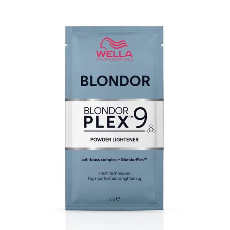 A single packet of Wella Professionals Blondor Plex 9 Powder Lightener, featuring a light blue and white packaging design with the Wella logo at the top.