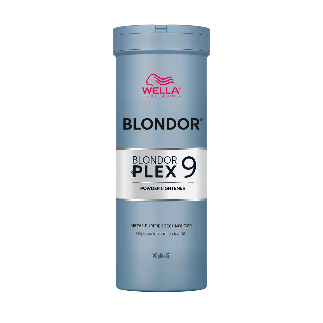 A tall cylindrical bottle of Wella Blondor Plex 9 Powder Lightener in a light blue color, shown against a matching light blue background with a soft shadow.