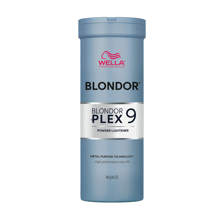 A tall cylindrical bottle of Wella Blondor Plex 9 Powder Lightener in a light blue color, shown against a matching light blue background with a soft shadow.