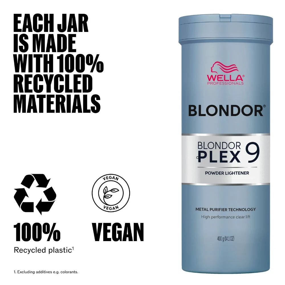 Wella Blondor Plex 9 powder lightener jar with branding and sustainability information on a white background
