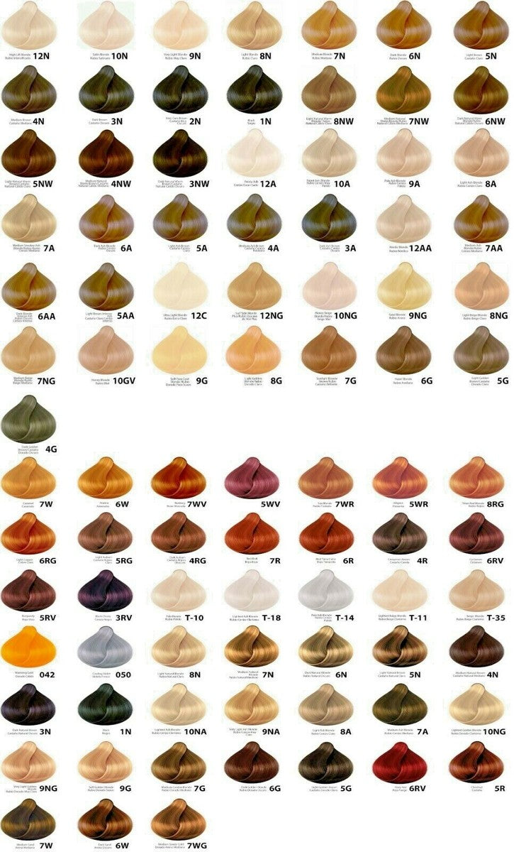Color chart for hair dye with various shades and numbers