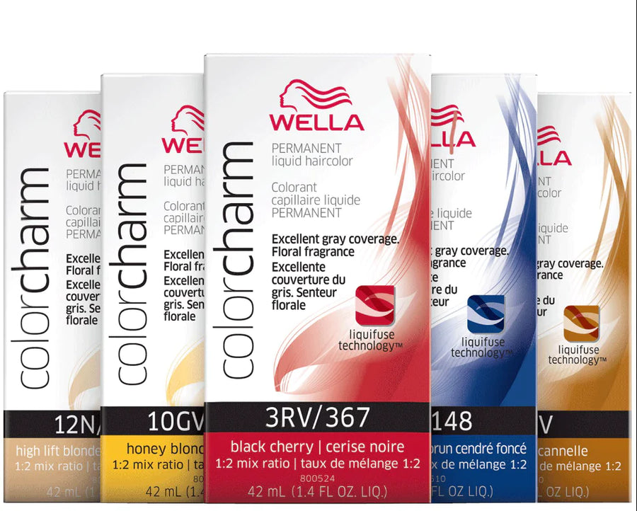 A range of Wella Color Charm Permanent Liquid Haircolor bottles displaying various hair color shades.